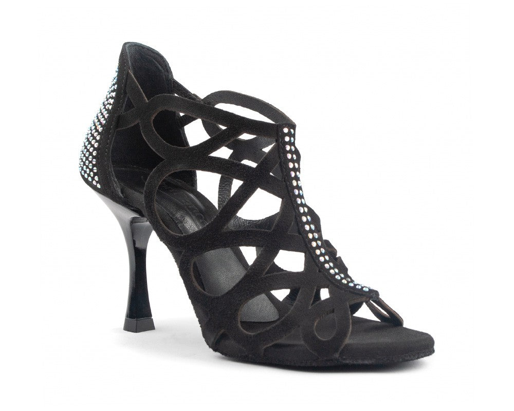Portdance PD814 Tanzschuhe aus schwarzem Nubukleder mit Cut-out-Design und Steinen an der Ferse und den Riemen.